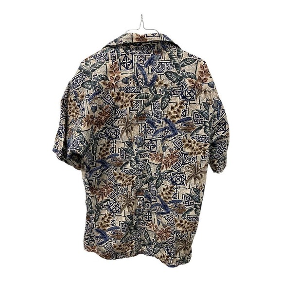 PIERRE Cardin Button Down Shirt MEDIUM Mens Hawaiian Floral Short Sleeve Tribal - Picture 2 of 4